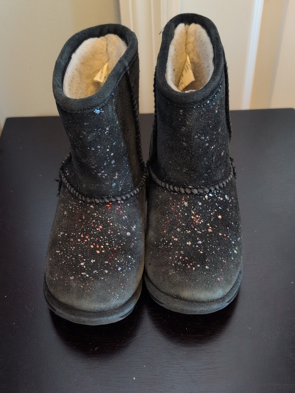 Emu Kids Black Suede Boots with Colorful Paint Speckles